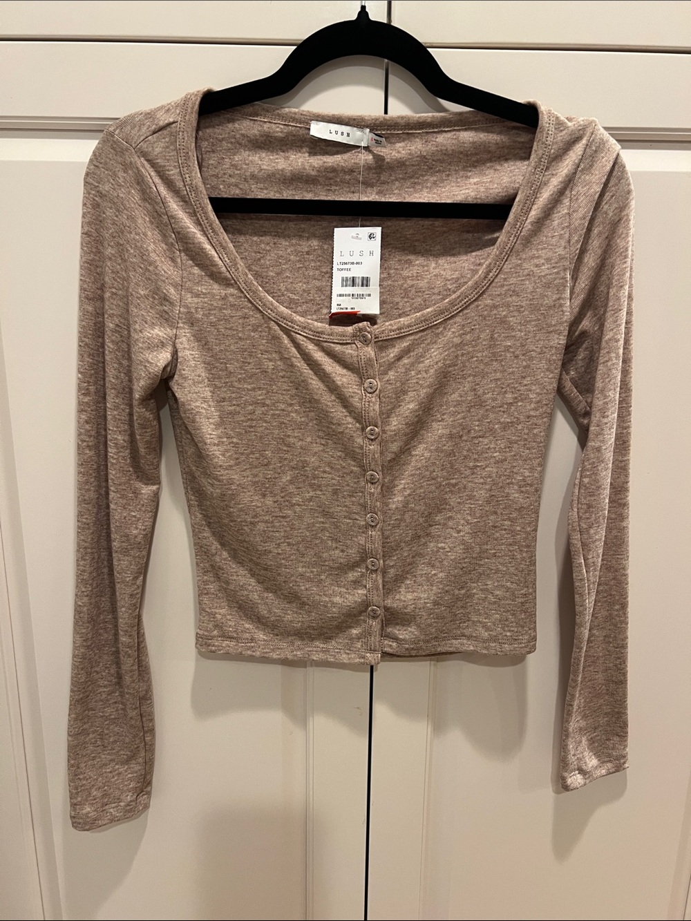 Lush Scoop Neck Button-Front Long Sleeve Top - Taupe toffee